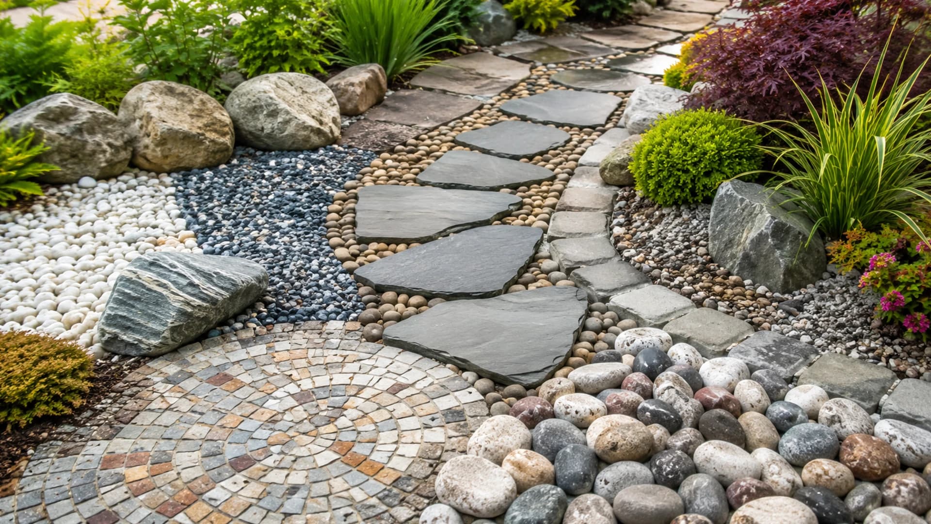 Bahçe yürüyüş yolunda dekoratif doğal bahçe taşları