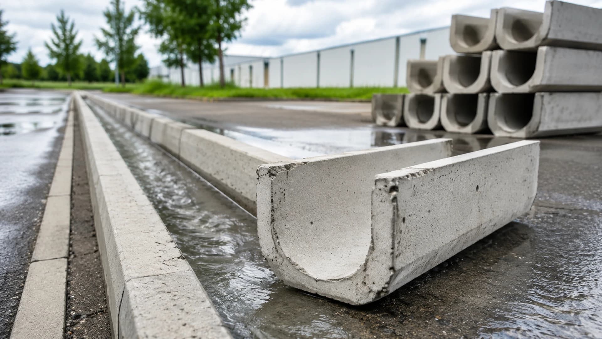 Yol kenarına döşenmiş beton yağmur drenaj oluğu
