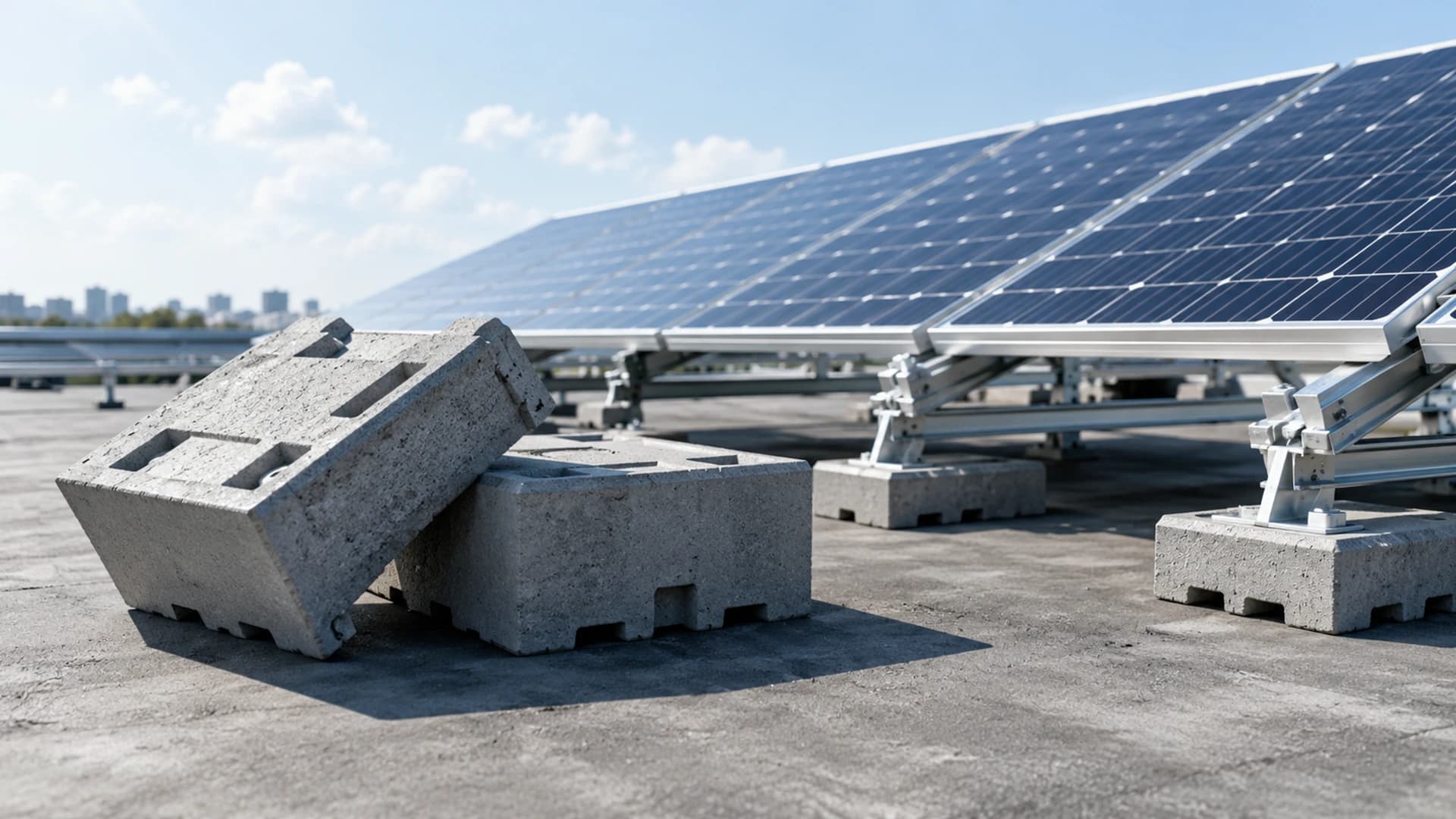 Çatıya monte edilmiş güneş panellerinin altındaki beton GES ağırlık balastları