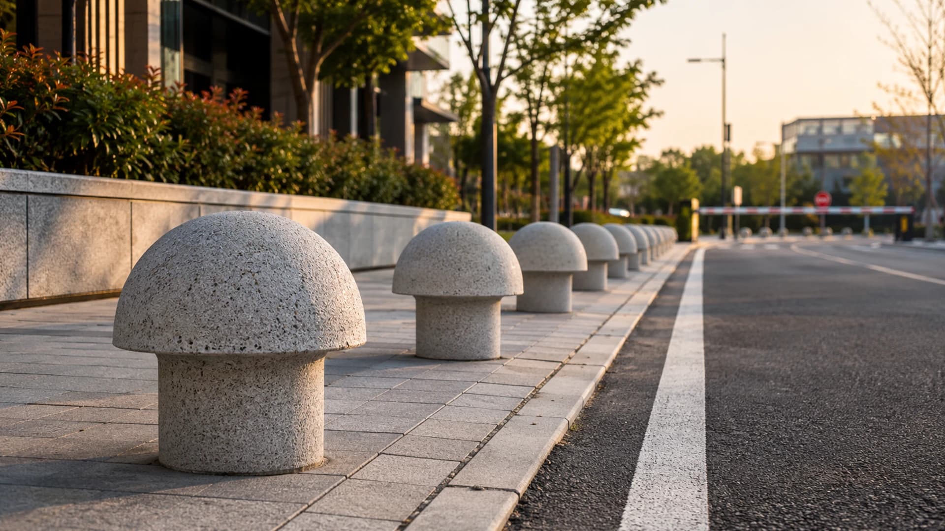 Yaya alanını araç trafiğinden ayıran beton mantar bariyerler
