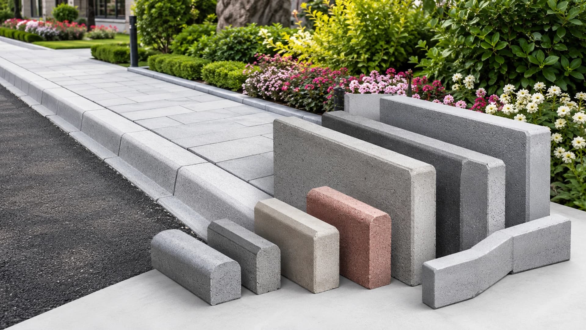 Farklı ölçülerde dizilmiş beton bordür taşları