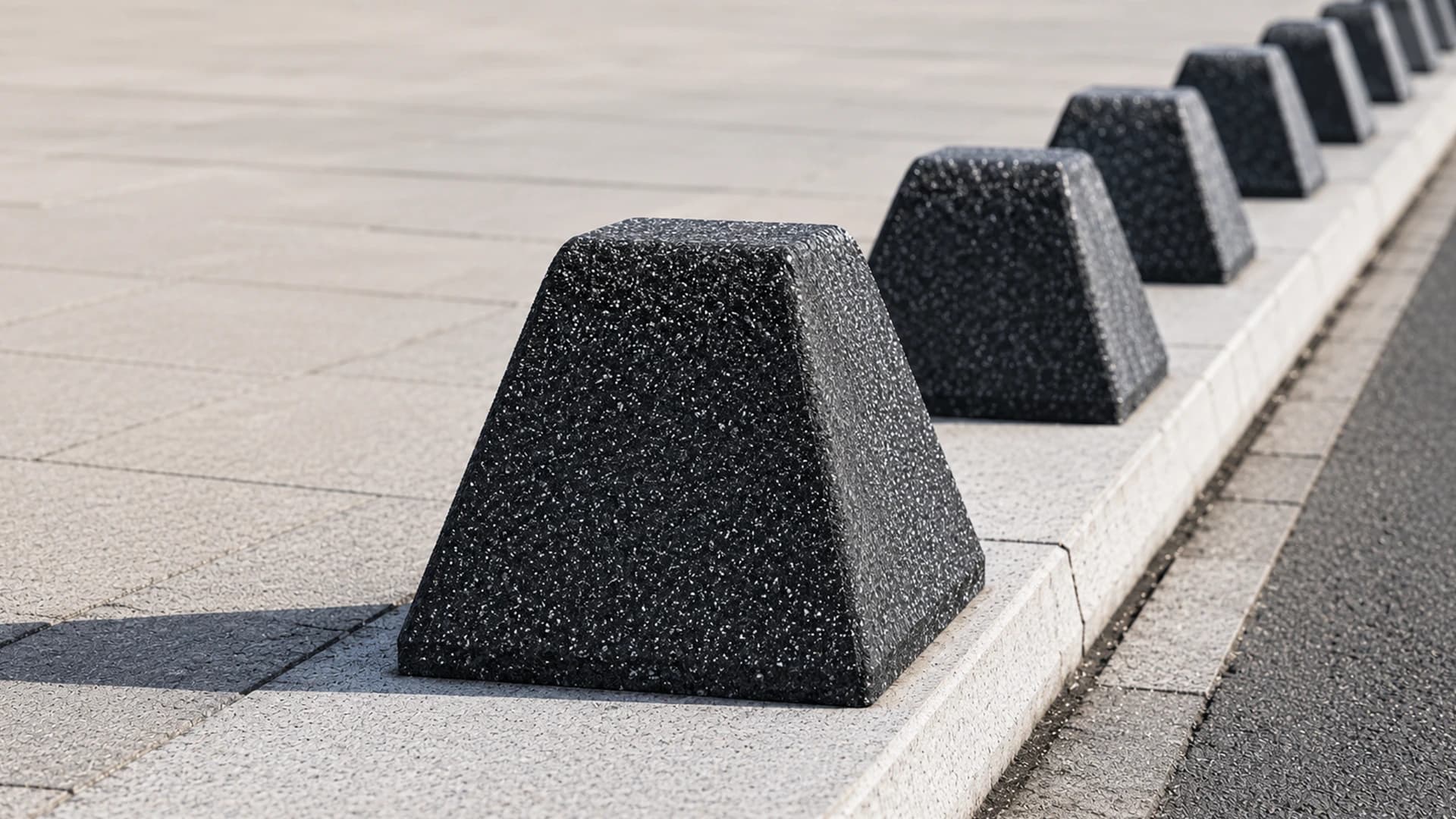 Özbeton 35×35 cm mantar başlı siyah mineral yüzeyli beton sınır elemanı, kent peyzajı uygulaması