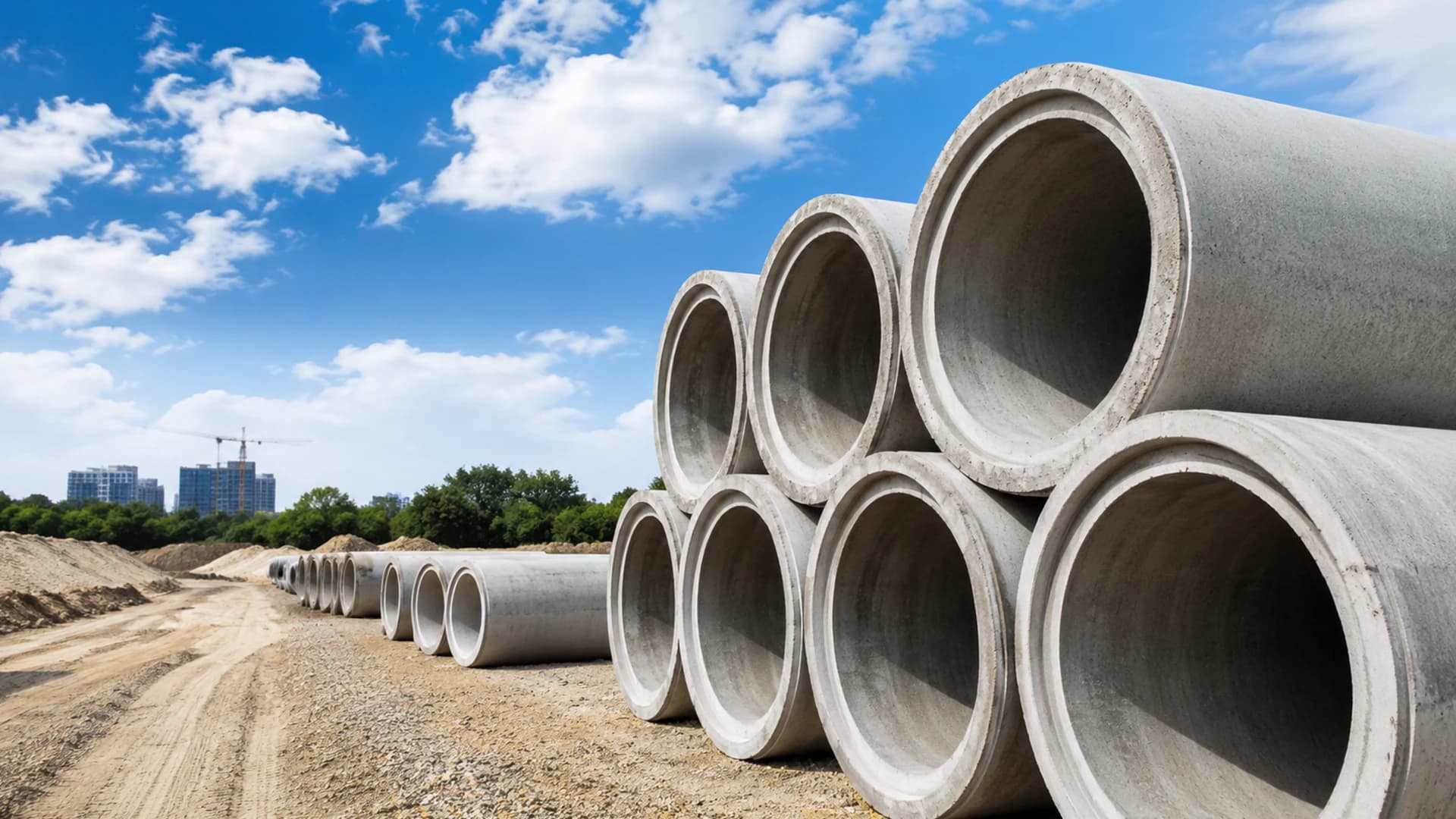 Farklı çaplarda istiflenmiş gri beton borular