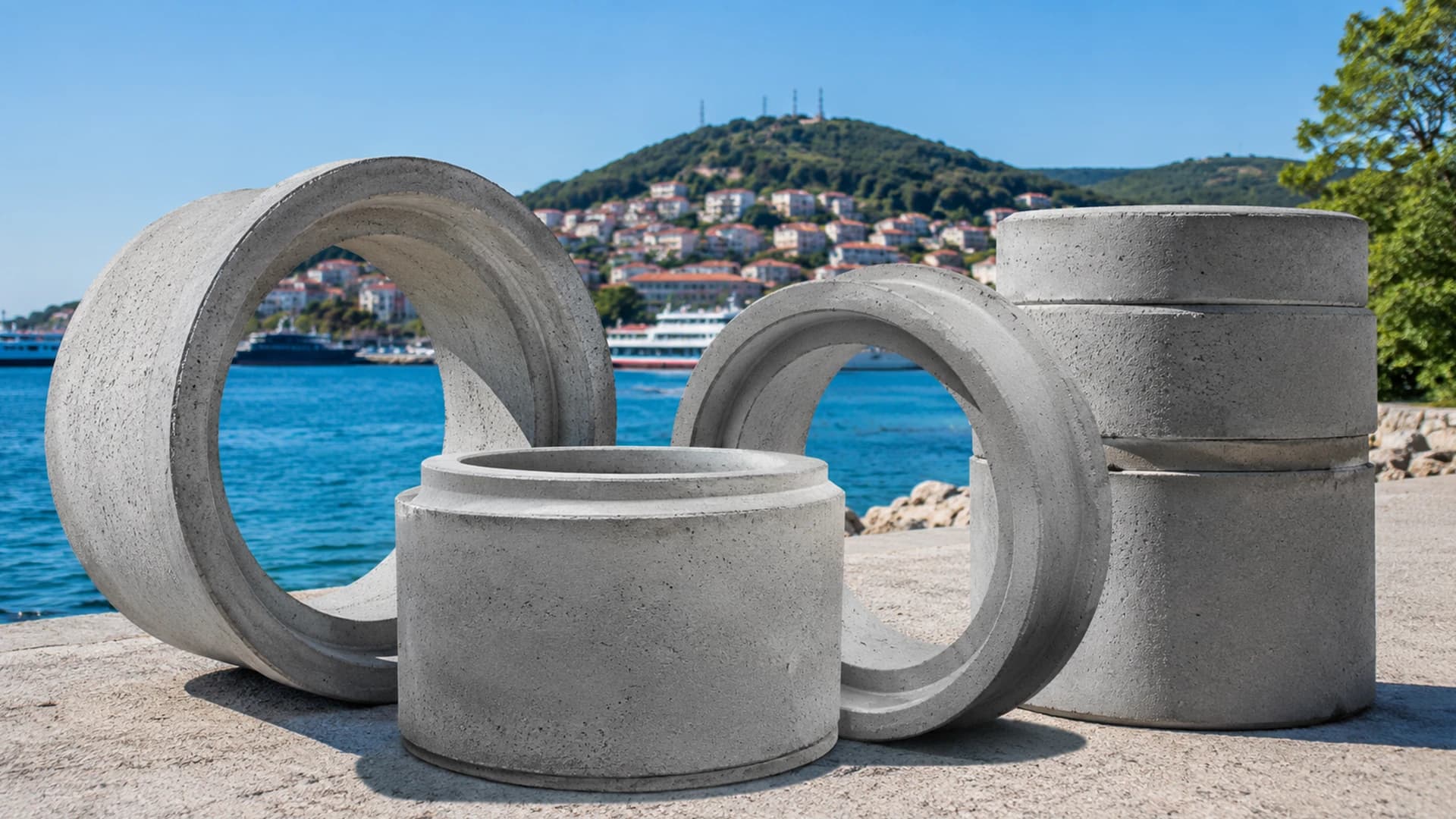 Adalar altyapı projesinde sıralanmış muflu beton boru halkaları
