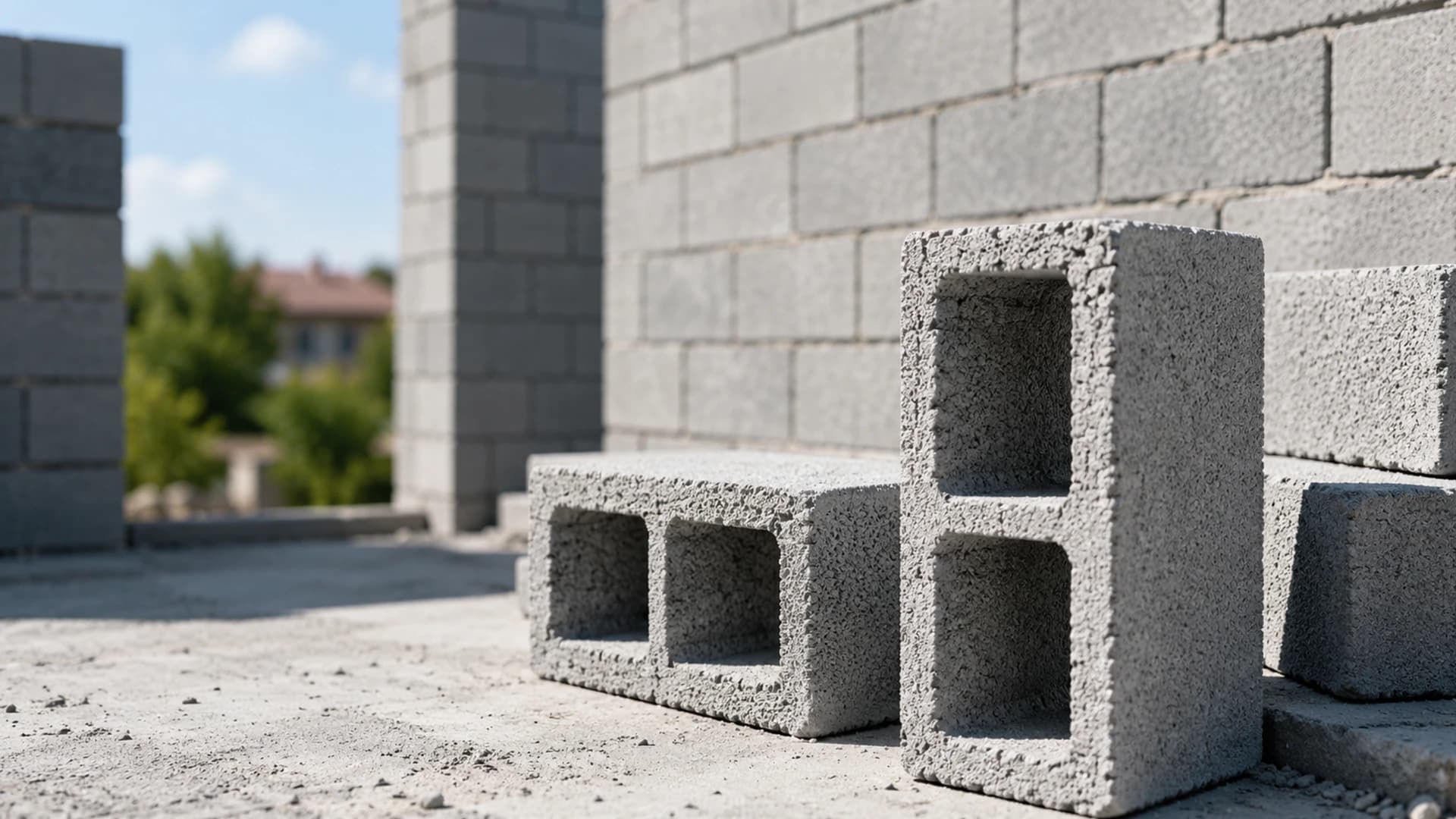 İstiflenmiş gri beton briket yapı blokları