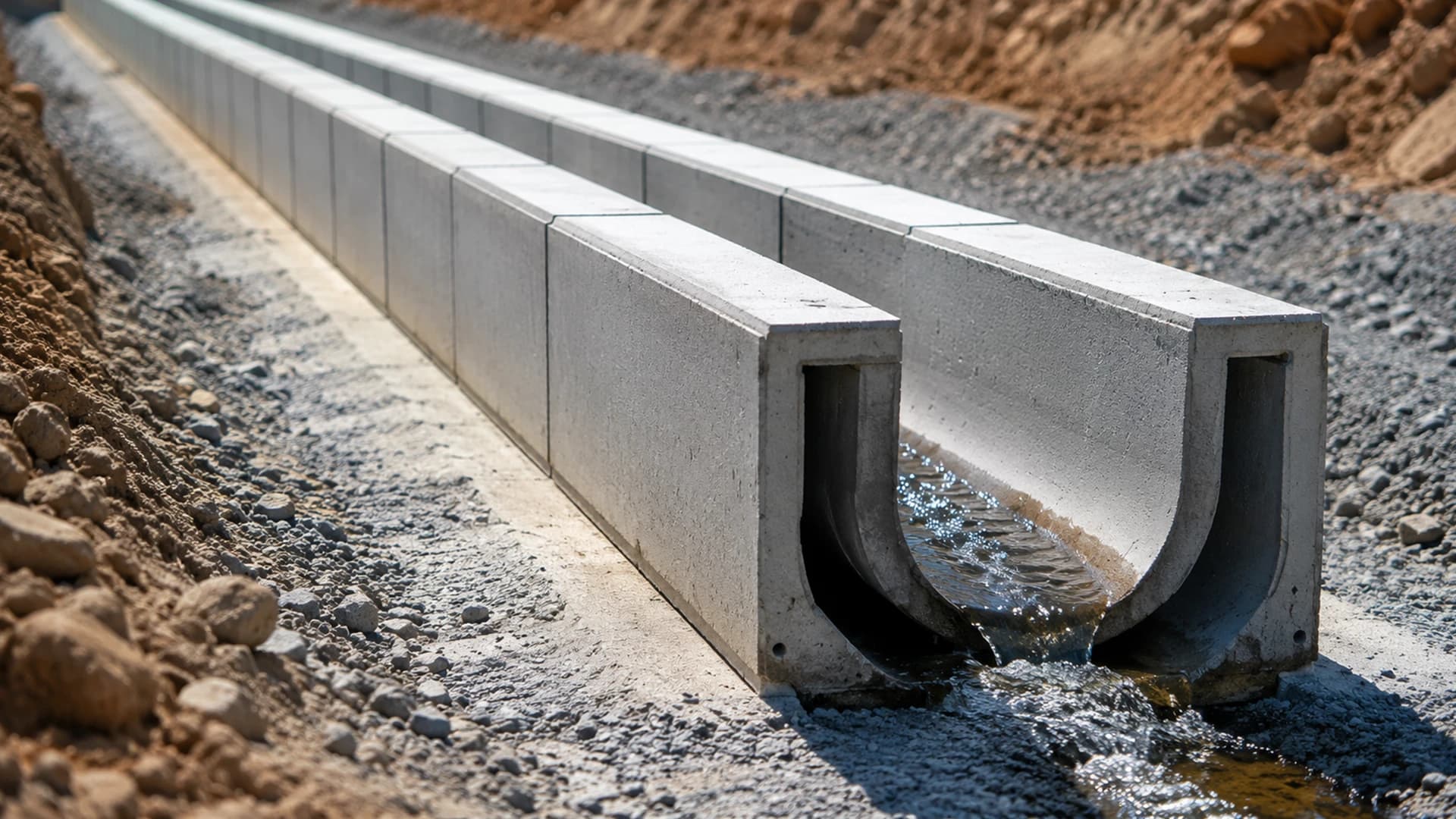 Yağmur suyu drenajı için kullanılan U şeklinde beton su kanalı