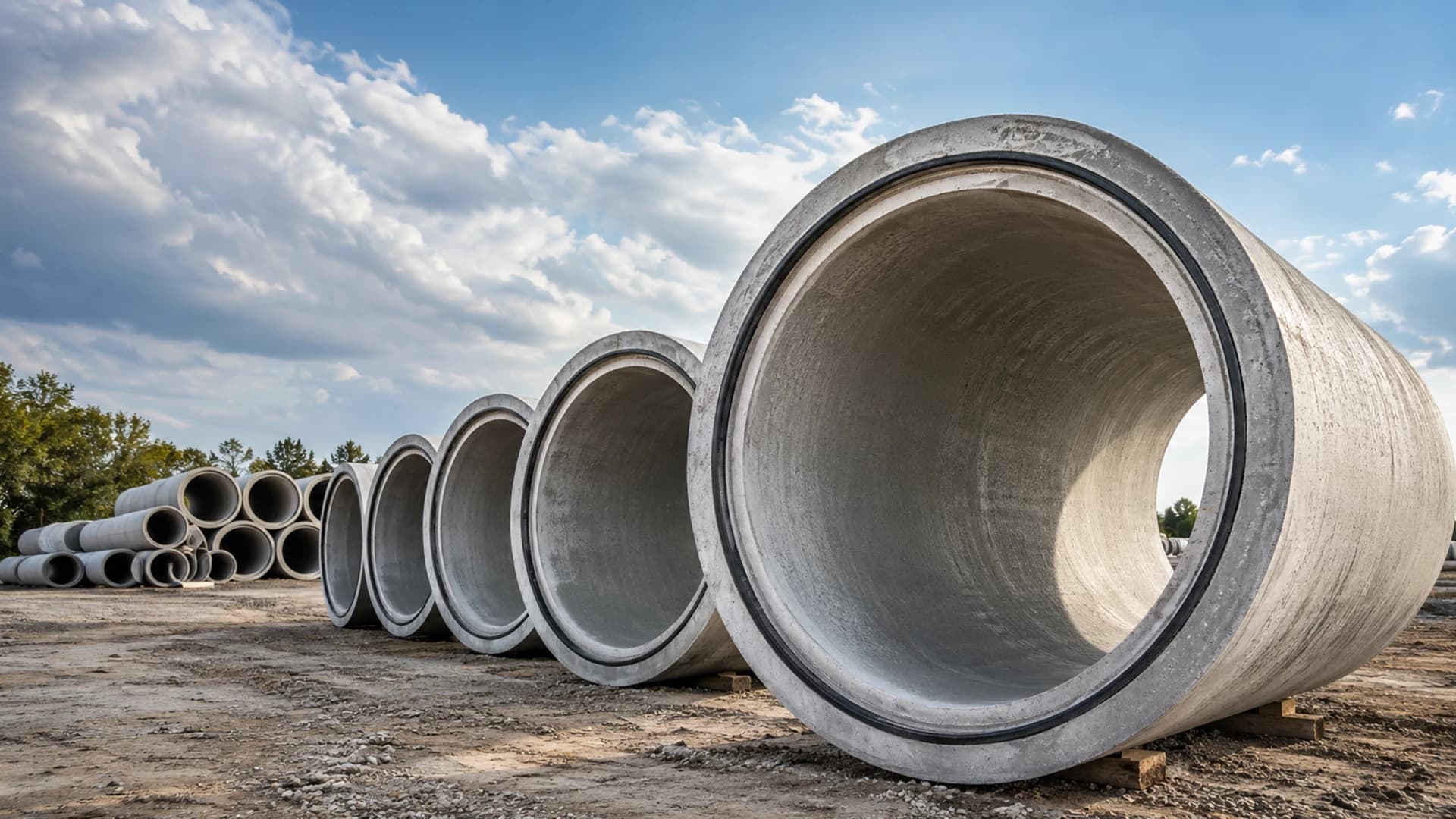 2000 mm çapında büyük beton borular yan yana istiflenmiş